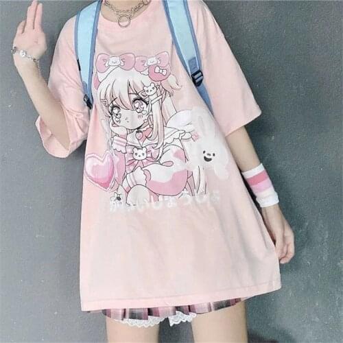 Cotton Harajuku Pink Girl Summer Cartoon Printed T-Shirt Fashion High Street Student Tops Black Clothes Funny Oversize T Shirt