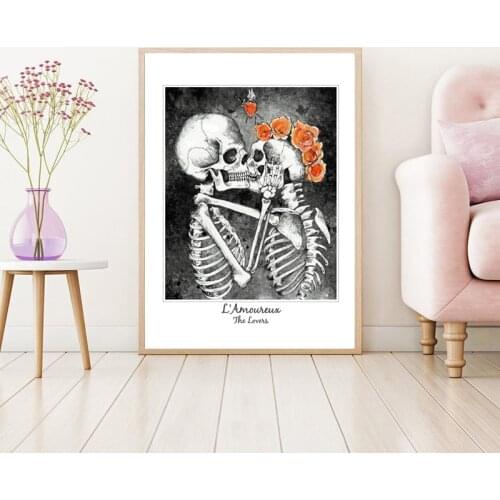 L'Amoureux The Lovers Skull Skeleton Poster Canvas Prints Abstract Medical Painting Wall Art Picture Nurse Doctors Gifts Decor