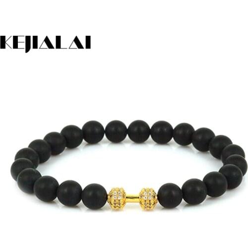 KEJIALAI Mens Dumbbell Bracelet 8mm Matte Stone Beads Barbell Charms Pave White Zircon Fitness Fashion Energy Jewelry Gift