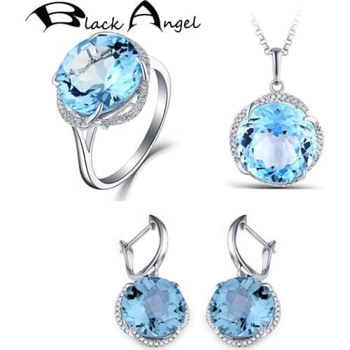 BLACK ANGEL 2020 New Luxury Lake Blue Topaz Gemstone Wedding Jewelry Set CZ Clip Earrings Necklace Ring For Women Christmas Gift