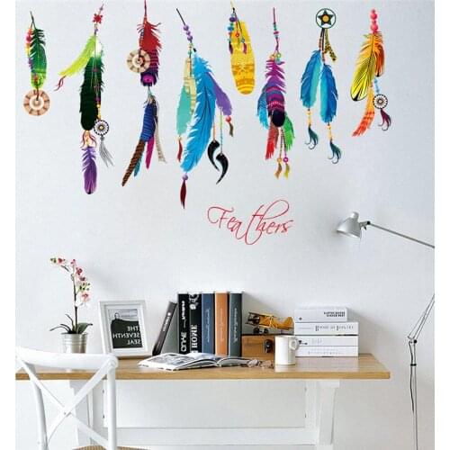 Colorful Feathers Dream Catcher Wall Art Stickers For Office Home Decoration Diy Living Room Wall Mural Art Decals Pvc Posters
