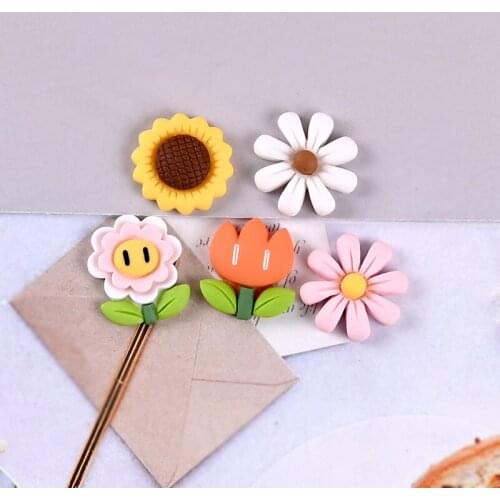 Mini Order 20pcs Kawaii Sunflower Spring Flowers Resin Cabochons Colorful Cameo Patch Sticker Fit Girls Hair Clip Bow Center DIY