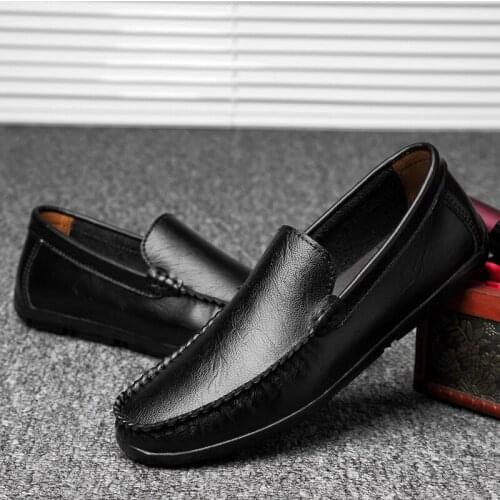 Mens Genuine Leather Shoes Retro Soft Anti-slip Rubber Loafers Shoes Man Casual Driving Shoes Business Bureau Gentleman Flats