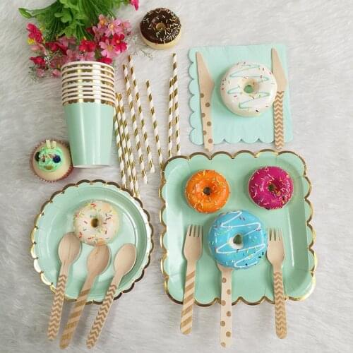 Mint Green Disposable Tableware Sets Solid Dishes Paper Straws Plates Cups Napkins Event Party Birthday Wedding Decor Tableware