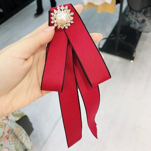 New Woman Brooches Big Long Ribbon Bowknot Shiny Stone Pearl Corsage Brooches Pin Fashion Bow Tie Jewelry Shirt Accessories