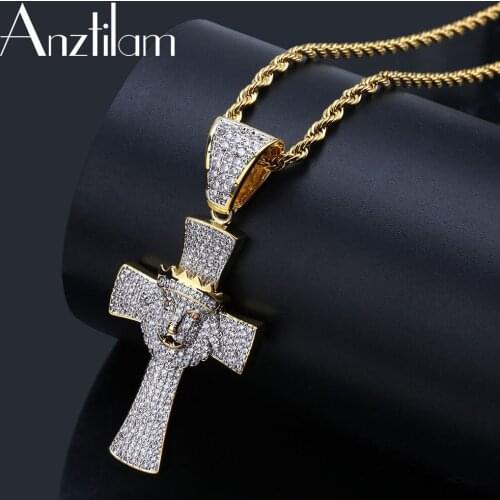 AZ Hip Hop Lion Crown Iced Out Cross Pendant Necklace Cubic Zircon Long Chain Necklace For Man Women Rapper Goth Jewelry Gift