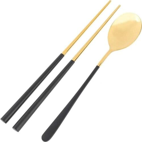 HOT Korean Stainless Steel Food Chopsticks Spoon Set Long Handle Flat Non-Slip Chopsticks Dessert Spoons Dinnerware Set