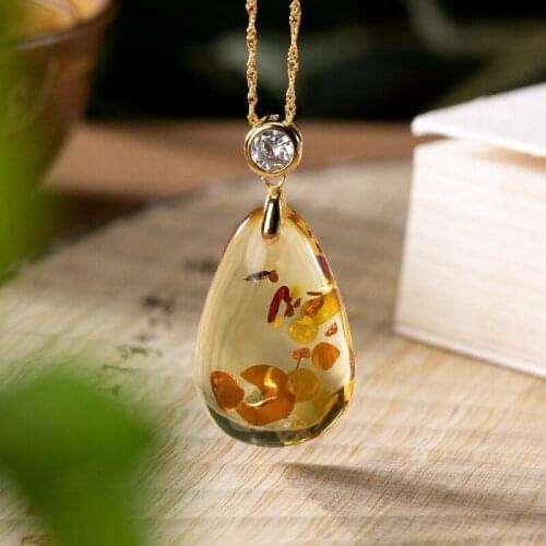 S925 sterling silver gold plated Natural Amber Piebald amber Retro Personality Drop-shaped Sweater chain Chain set Pendant