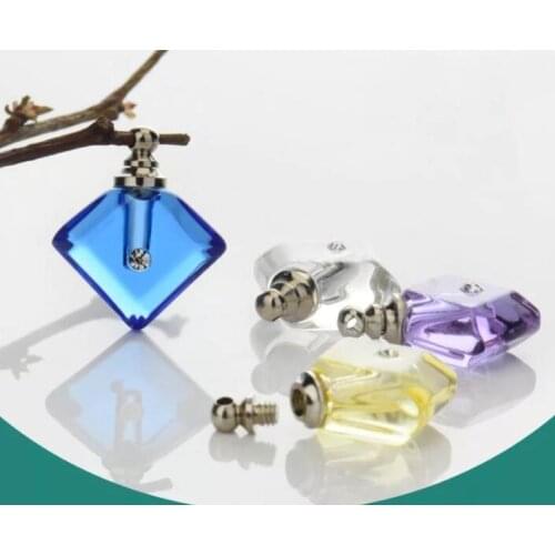Rhombus Crystal Vials pendant with screw cap perfume vial bottle fashion necklace pendant name on rice art wishing bottle jars