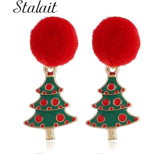 Christmas Red Wool Ball Tree Drop Earrings Oil Drop Gold Color Alloy Pendant Earrings Christmas For Child Gift Jewelry