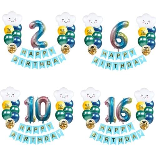 Smile White Cloud Balloons Blue Happy Birthday Banner Set Pink Rainbow Number Foil Balloons Childrens Birthday Party Decoration