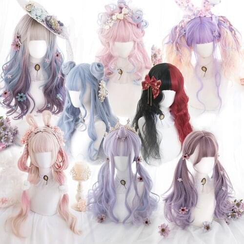 Synthetic Short Wigs with bangs Lolita Wig for Women Pink Purple Blue Blonde HairPiece Ombre for Party Curly Colorful MUMUPI