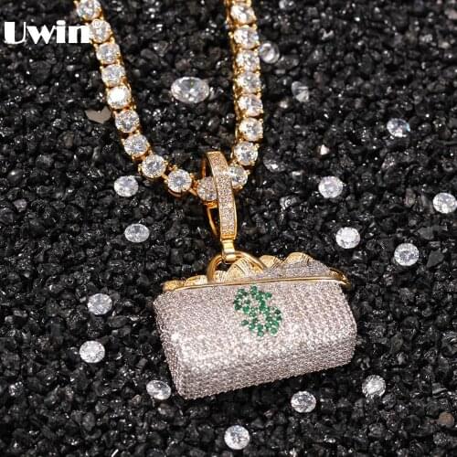 Uwin Fashion Jewelry Dollar Bag Pendant Necklace Hip Hop Full Iced Out Cubic Zirconia CZ Stone
