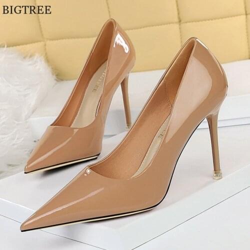 Plus Size 34-43 Patent Leather Women Office Shoes Shallow Fashion Women Pumps Pointed Toe Sexy High Heel Dress Party Shoes Woman