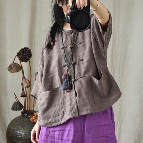Johnature Women Linen Shirts Chinese Style Button Tops O-Neck Short Sleeve 2021 Summer New Blouses Vintage Pockets Shirts