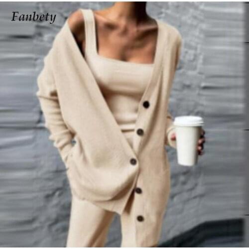 Autumn Knitted Women 3 Piece Set Solid Tank Top + Long Cardigan + Pants Female Matching Suit 2021 Winter Casual Tracksuit Outfit