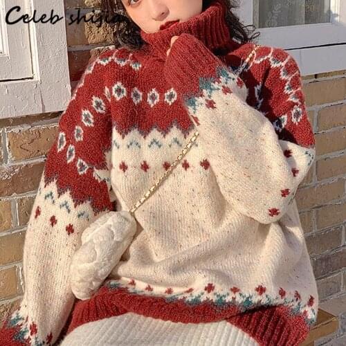 SHIJIA Vintage Printed Red Sweater Woman Fall 2021 Long Sleeve O Neck Preppy Style Knitted Jumper Woman Autumn Winter Thick Knit