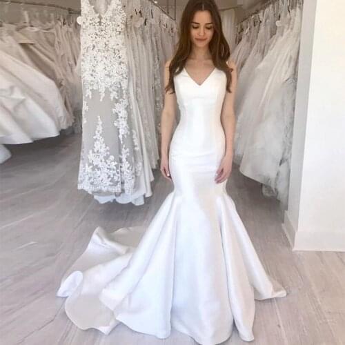 V-neck Mermaid Wedding Dress White Ivory Satin 2019 Elegant Bridal Dresses Chapel Train Custom Simple Vestido De Novia Cheap