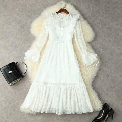 2021 Autumn Fashion Lace Dress High Quality Women Beading Bow Deco Flare Sleeve White Black Lace Elegant Dress Vestidos Robe