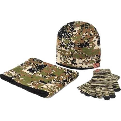 Unisex Winter 3Pcs Camouflage Knit Warm Beanie Hat Scarf Touch Screen Gloves Set XX9D