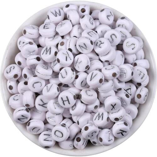 100pcs Acrylic Loose Beads Flat Round White Silver Letter Beads Pattern About 7mm Hole Approx 1.5mm For DIY Accessory