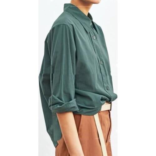 2021 Early Spring New Seaweed Green Cotton Shirt Tooling Style Profile Lapel Long Sleeve Shirt