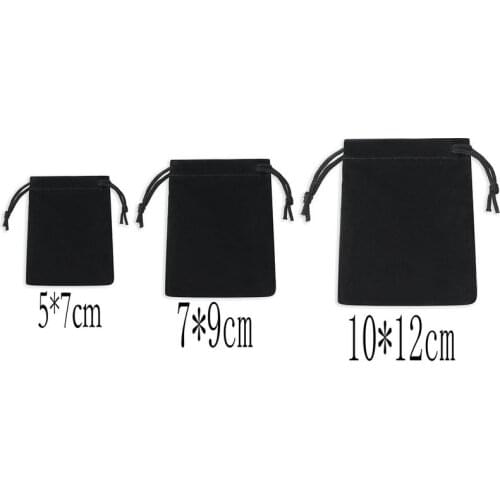 50PCS / Lot Velvet Black 5×7cm 7×9cm 10×12cm 3 Sizes Jewelery Gift Bags Brace Strap Pouches Wholesale Cotton Rope Drawstring