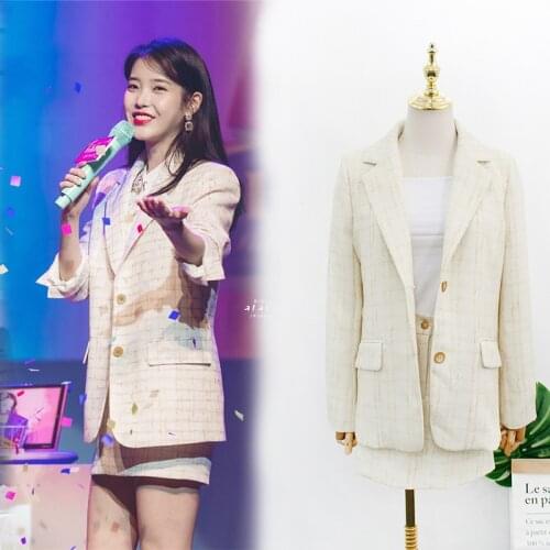 Kpop IU Lee Ji Eun korean Fashion Retro Plaid Blazer Lady Office elegant Single-breasted Pockets Jackets women Casual Loose Coat