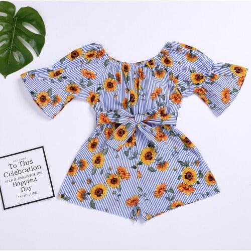 Fashion Toddler Kids Baby Girls Bowknot Romper Jumpsuits Baby Floral Sunflower Print Short Sleeve Romper Jumpsuit Playsuit