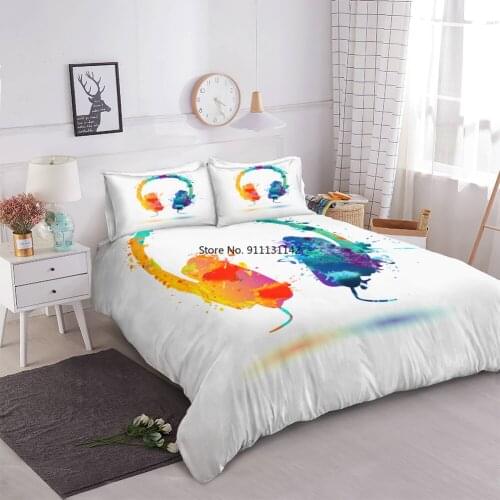 Music Bedding Set Earphone Duvet Cover Set Boys Girls Home Textile Teens Headset Bedclothes White Bed Set Microfiber Bed Linen