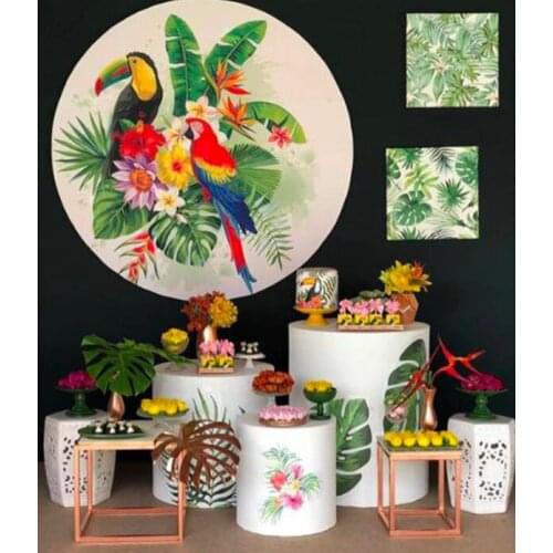 Round Panel circle background Tropical summer parrot toucan palm leaves flowers Birthday party decor candy dessert table banner