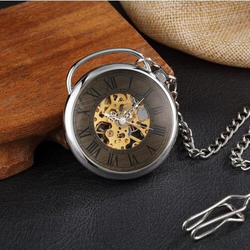 Unique Desgin Big Roman Numerals Skeleton Steampunk Mechanical Pocket Watch Witch Chain Necklace Men Women Silver Gift