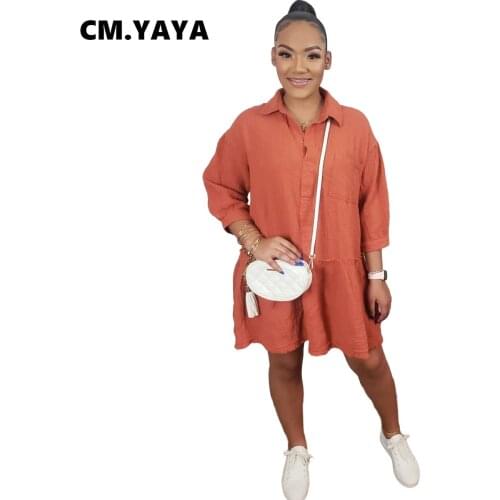 CM.YAYA Women Mini Dress Solid Three Quarter Sleeve Single Breasted Loose Straight Dresses Fashion Casual Vestidos Summer Outfit