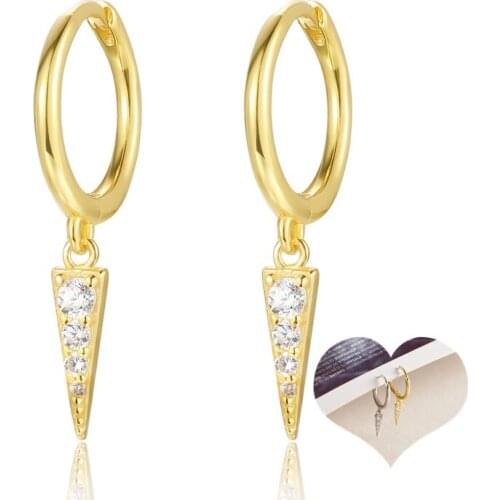 Fashion 925 Sterling Silver Long Triangle Silver Cubic Zirconia Huggie Hoop Earrings Gold Plate CZ Sotne For Women Men
