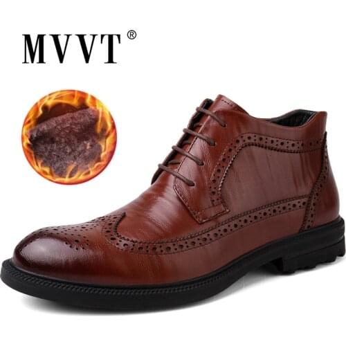 MVVT Genuine Leather Men Boots Oxfords Fashion Winter Boots Men Leather Business Brogue Boots Man Ankle Boots Shoes