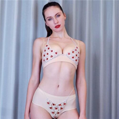 2021 New Luxury Red Heart Crytal Bikini Body Chain Harness for Women Sexy Lingerie Chain Bling Rhinestone Bra and Thong Jewelry