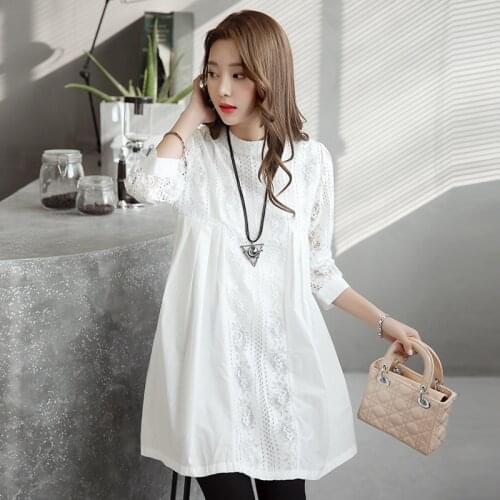 New Hollow Out Front Pleated White Lace Maternity Blouses 2021 Spring Summer Clothes for Pregnant Women Loose Pregnancy Tops
