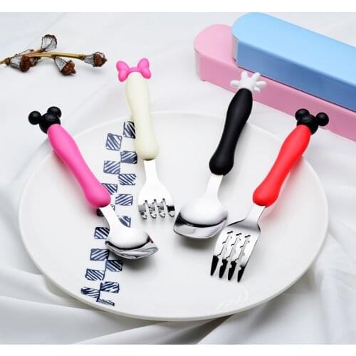 Lovely Mickey Minnie Stainless Steel Fork Spoon Kids Flatware Set Child Soft Silicone Handle Children Cutlery Dinnerware