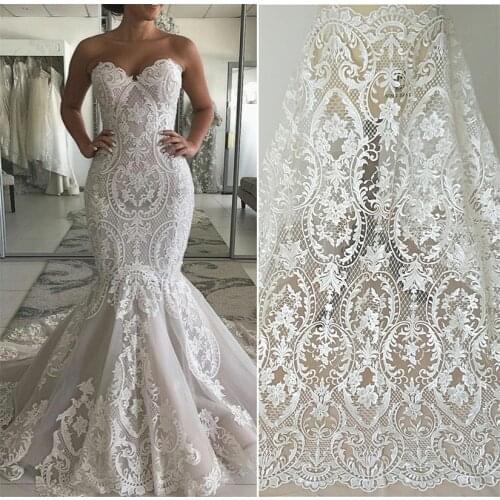 Rayon Sequin Embroidery Ivory Bridal Lace Fabric Wedding Dress Fashion Catwalk Mermaid Suit Luxury Fabric RS1226