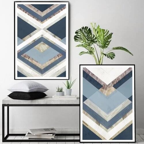 Nordic Abstract Geometric Arrow Blue Beige Gray Color Block Marble Texture Canvas Painting Wall Picture Poster Room Decoration