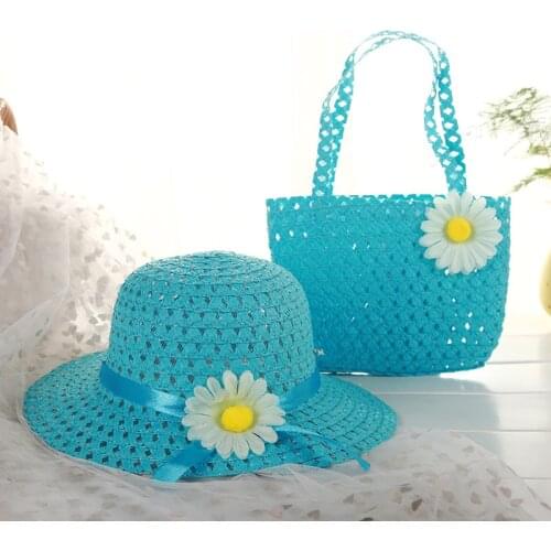 2021 New Summer Elementary School Student Children Beach Hats Set Wide Brim Straw Wide Hat Childrens Holiday Travel Bags Gorras