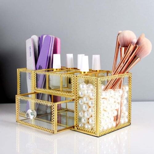 Glass Makeup Organizer Bathroom Cosmetic Organizer With Golden Covered Edge Pencil Box Perfume Makeup Tools Lipstick Organizer
