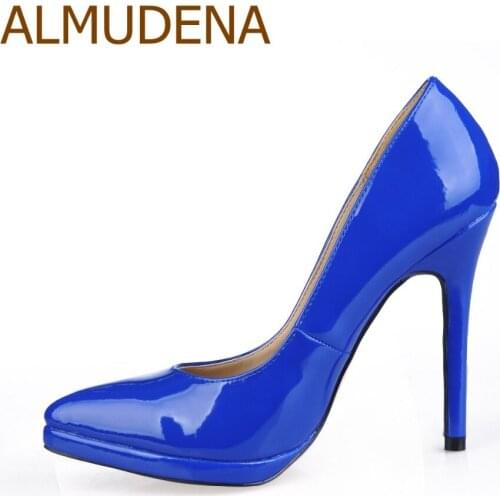 ALMUDENA Royal Blue Black Patent Leather Pointed Toe Pumps Stiletto Heels Dress Shoes Platform Banquet Shoes For Party