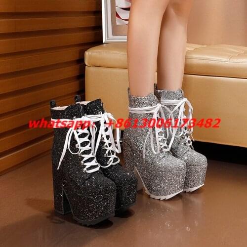 New style chunky 16CM heel platform woman sequins ankle boots sequined super high chunky heel lace up 9CM platform boots