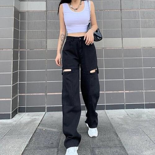 High Waist Jeans For Women Zipper Hollow Straight Leg Denim Pants Trousers for Female Streetwear Style Womens Mopping Pants
