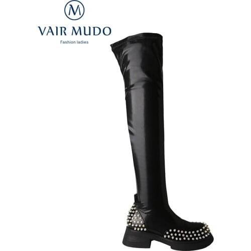 VAIR MUDO Women Knee-High Modern Boots Shoes High Heels Round Toe Black Patent Leather Solid Autumn Winter Footwear WM-X216-C