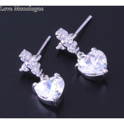 Love Monologue Classic White Cubic Zirconia Heart Silver Color Stud Earrings for Women J0102