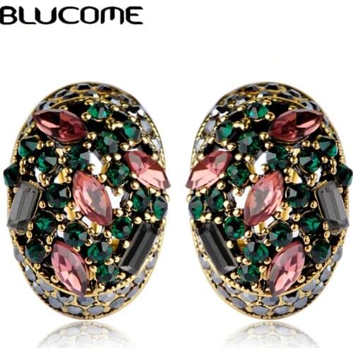 Blucome Vintage Stud Earrings For Women Girls French Hooks Max Brincos Ouro Joias Full Crystal Turkish Jewelry Retro Pendientes