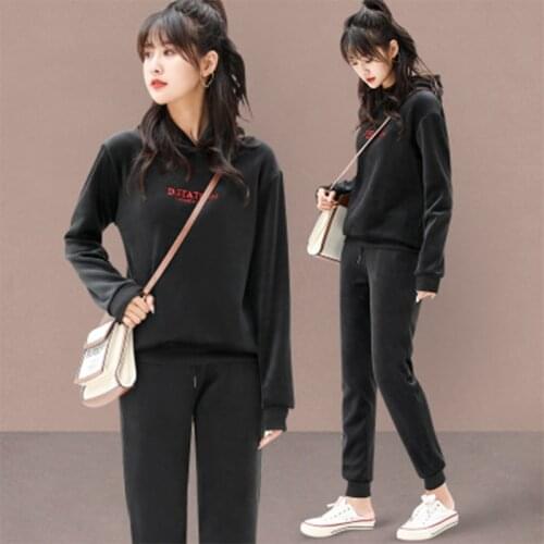2020 Autumn Winter Hoodies Two Piece Set Womens Tracksuits Jogger Pants Thick Warm Clothes Womens Solid Color Suit