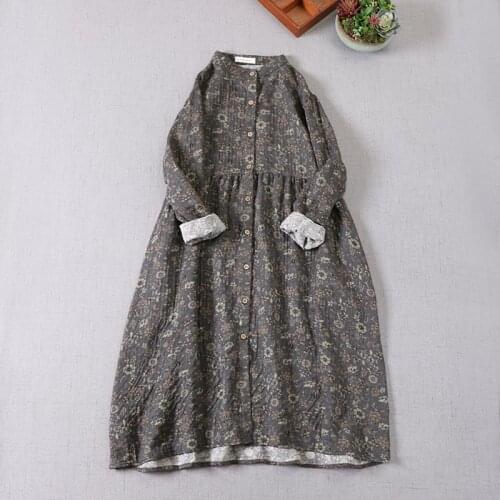 Women Dress Cotton Linen A line 2021 Autumn Spring Flower Long-sleeved Mori Girl Print Vintage Casual Women Robe
